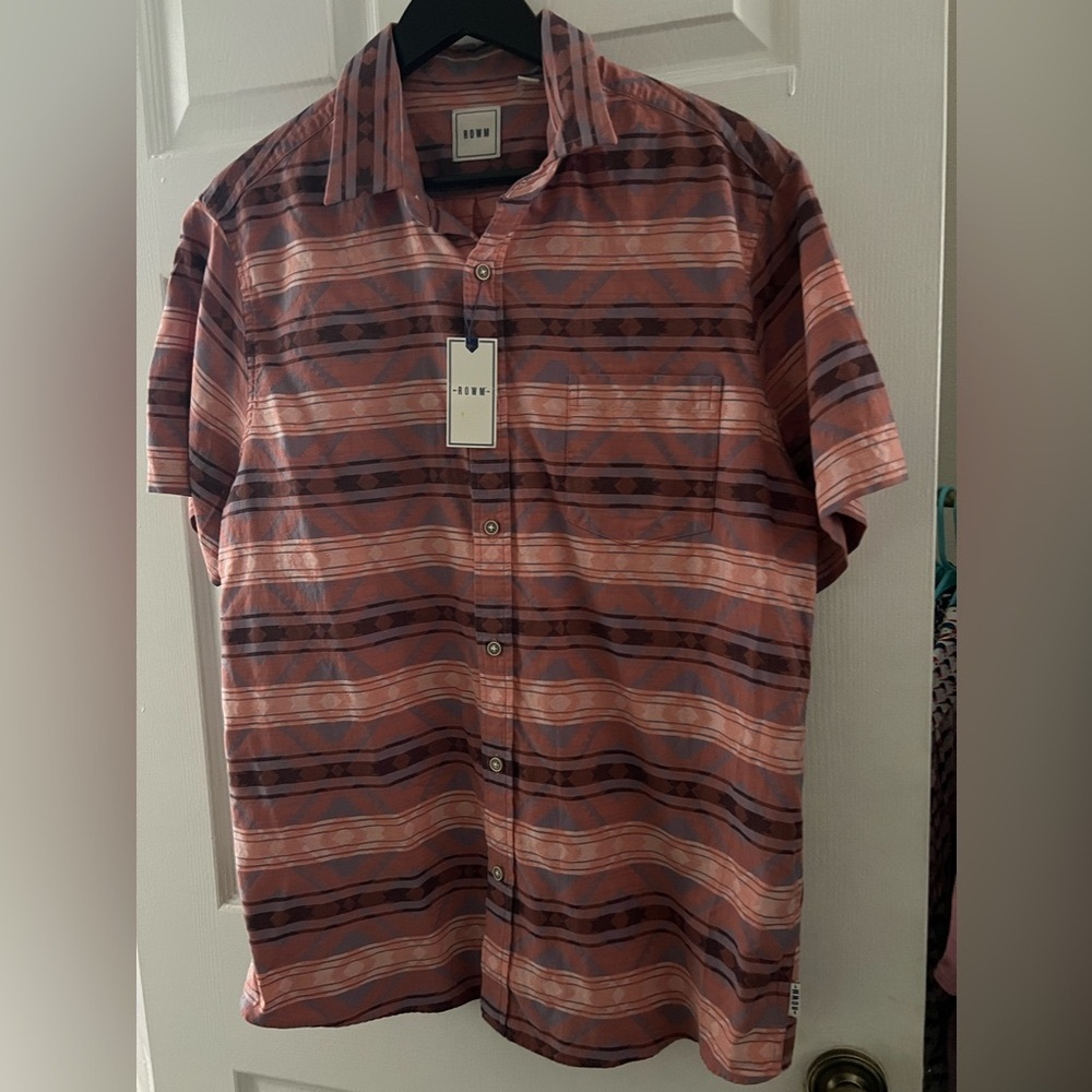 ROWM, NWT, Large, Button Down Short Sleeve Shirt, New With Tags, Salmon and Blue
